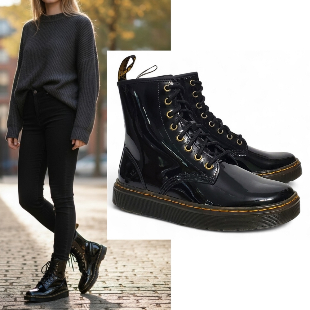 NWB Dr Martens Zavala ankle combat boots black patent leather lace up goth y2k